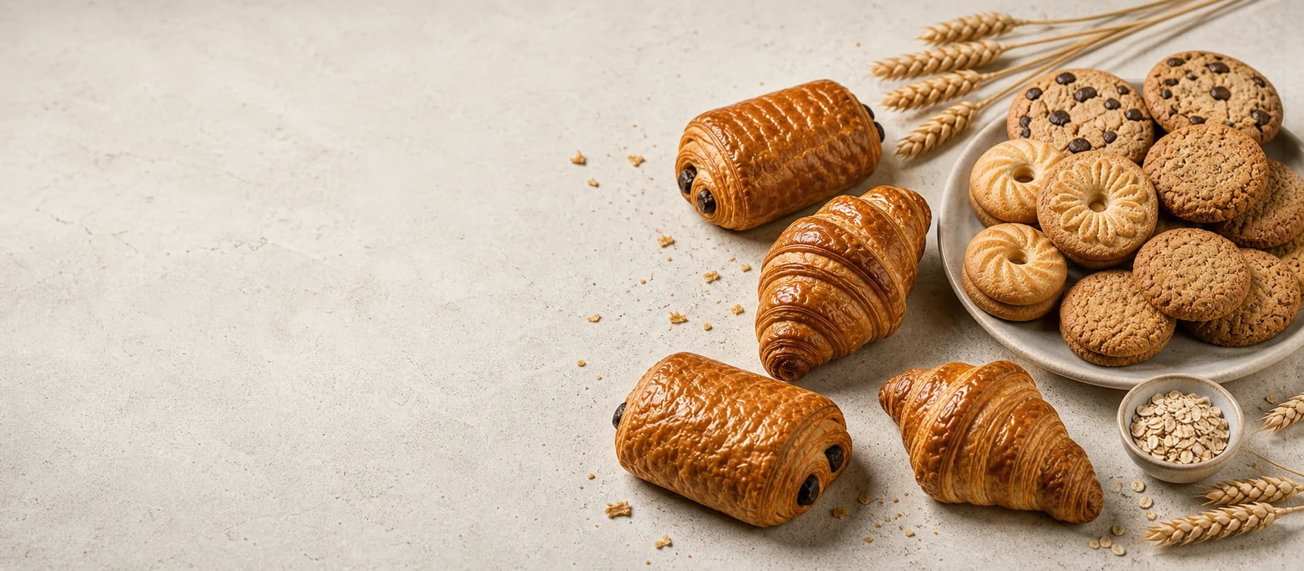 Assorted bakery products on a warm wooden surface