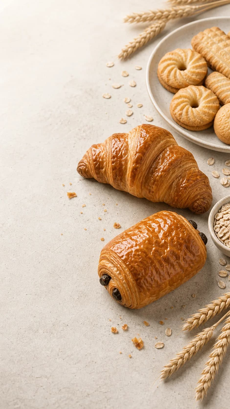 Assorted bakery products on a warm wooden surface